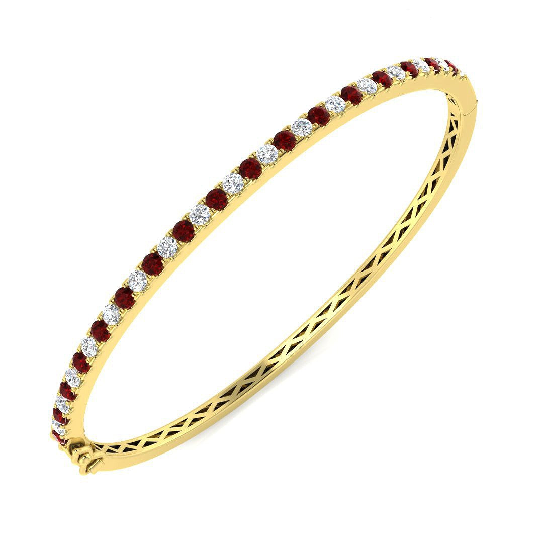Natural Round Diamond and Ruby Half Eternity Bangle with Hinged Box Clasp in 10K/14K gold and platinum with certified lab-grown or natural diamonds
