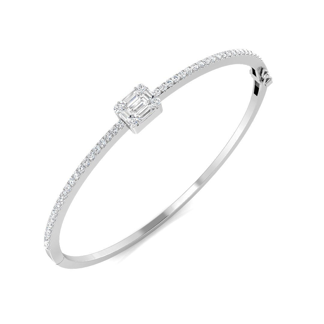 Lab Grown Baguette and Round Diamond Half Pave Bangle Bracelet in 10K/14K gold and platinum with certified lab-grown or natural diamonds