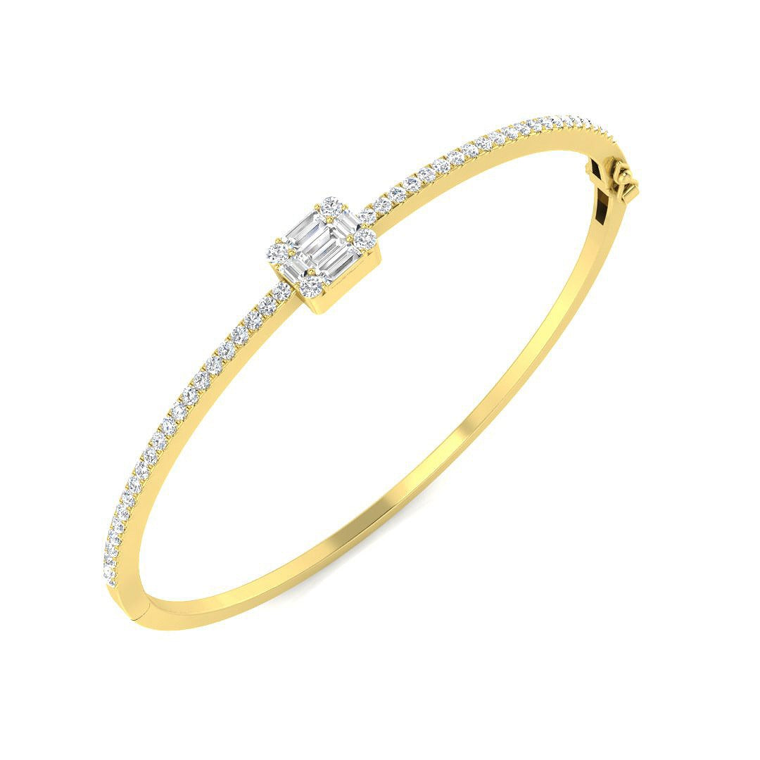 Lab Grown Baguette and Round Diamond Half Pave Bangle Bracelet in 10K/14K gold and platinum with certified lab-grown or natural diamonds