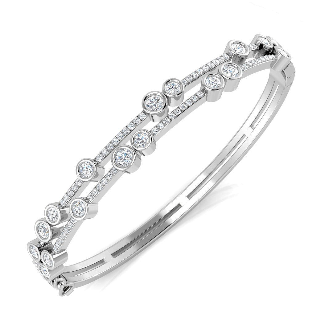 Heavy Platinum Natural Round Cut Diamond Bezel and Pave Double Row Hinged Bangle with Box Clasp in 10K/14K gold and platinum with certified lab-grown or natural diamonds