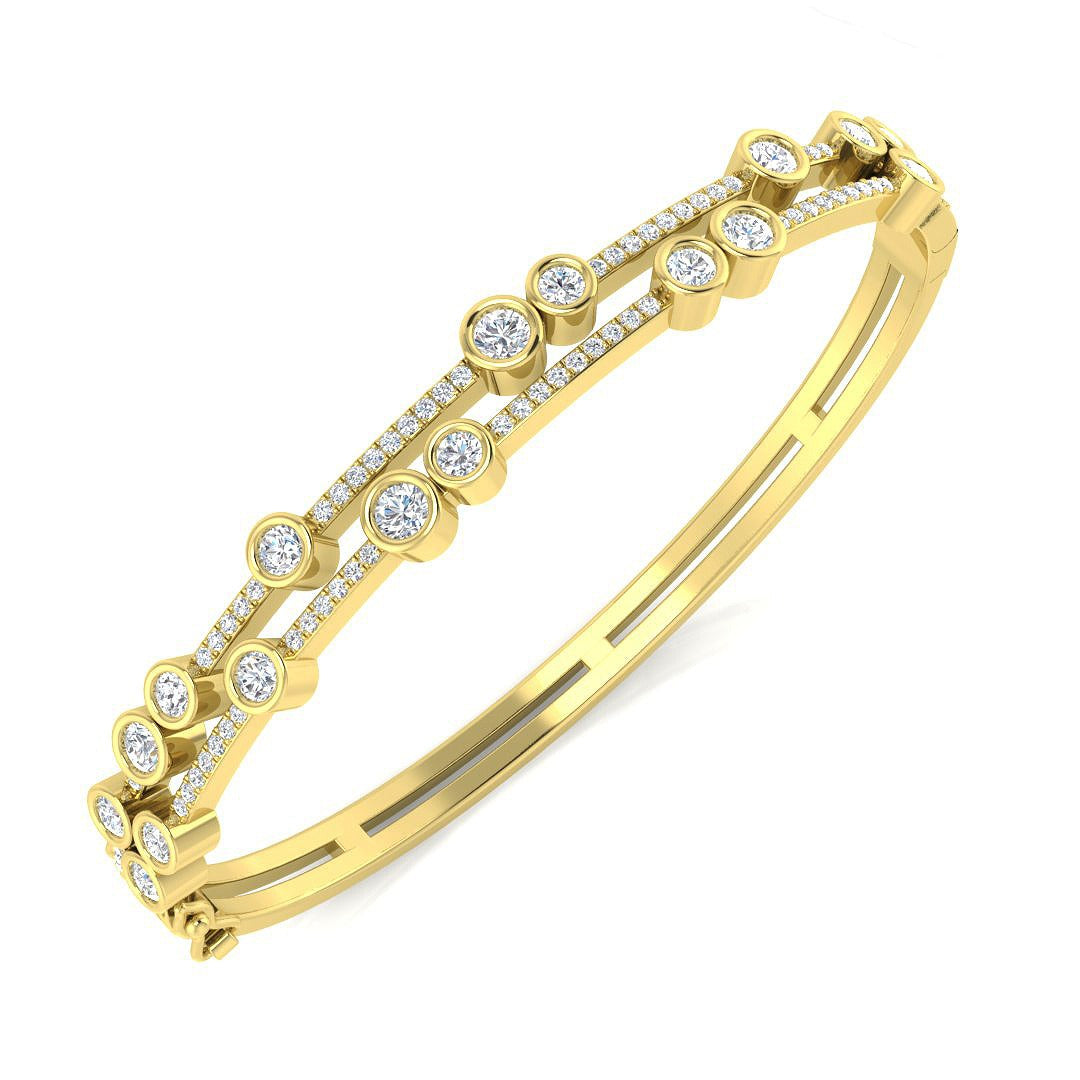 Heavy Platinum Natural Round Cut Diamond Bezel and Pave Double Row Hinged Bangle with Box Clasp in 10K/14K gold and platinum with certified lab-grown or natural diamonds