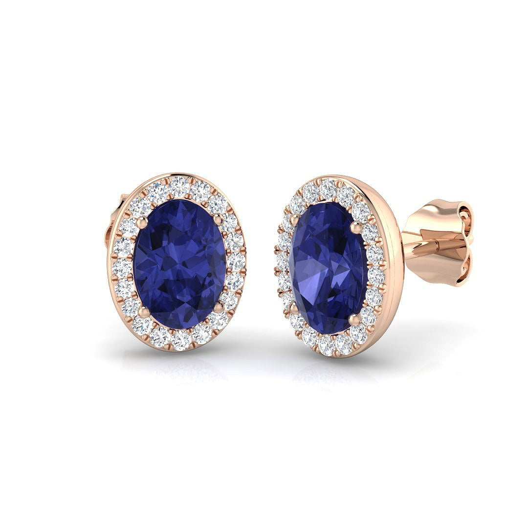 Oval Tanzanite Halo Stud Earrings with Natural Diamonds - Push Back in 10K/14K gold and platinum with certified lab-grown or natural diamonds