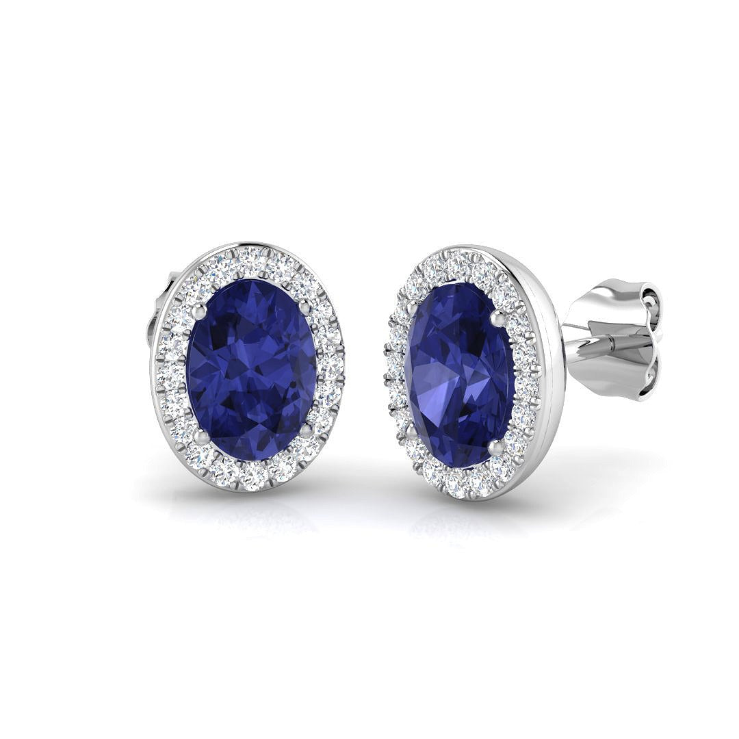 Oval Tanzanite Halo Stud Earrings with Natural Diamonds - Push Back in 10K/14K gold and platinum with certified lab-grown or natural diamonds