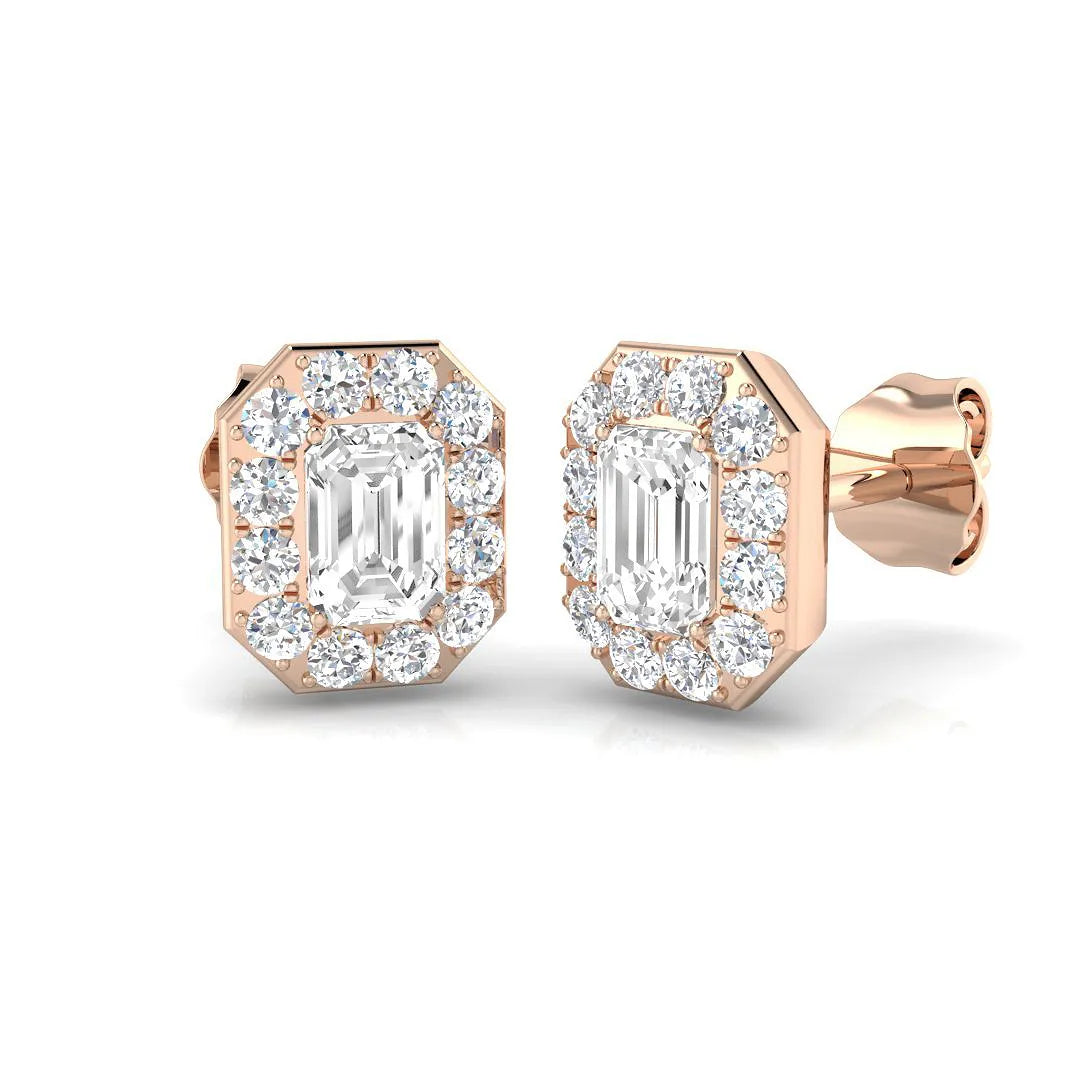 Stud Earrings with Lab Grown Emerald Cut and Halo - 1.00ct in 10K/14K gold and platinum with certified lab-grown or natural diamonds