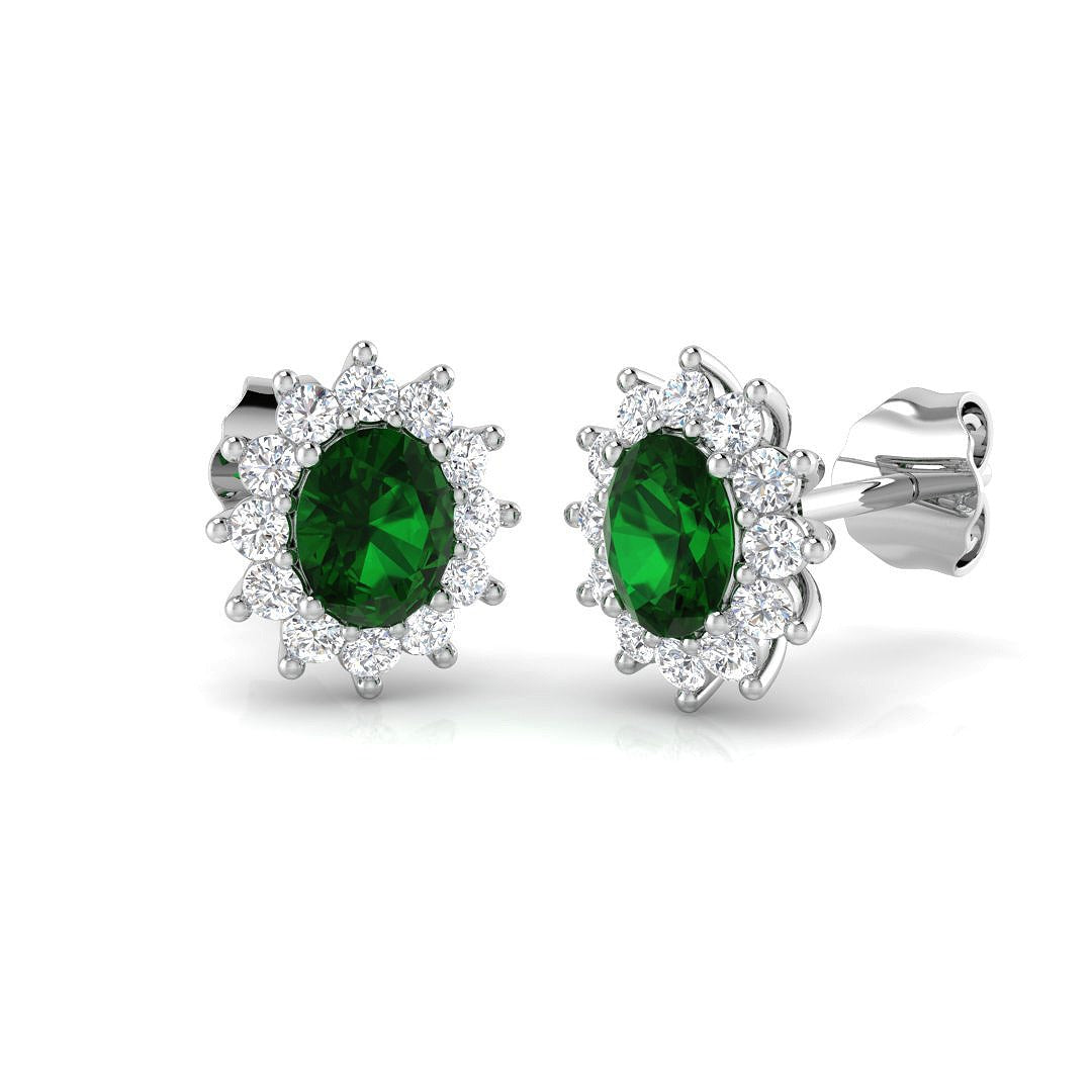Halo Stud Earrings Oval Green Emerald Diamond Cluster in 10K/14K gold and platinum with certified lab-grown or natural diamonds