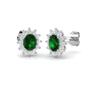 Halo Stud Earrings Oval Green Emerald Diamond Cluster in 10K/14K gold and platinum with certified lab-grown or natural diamonds