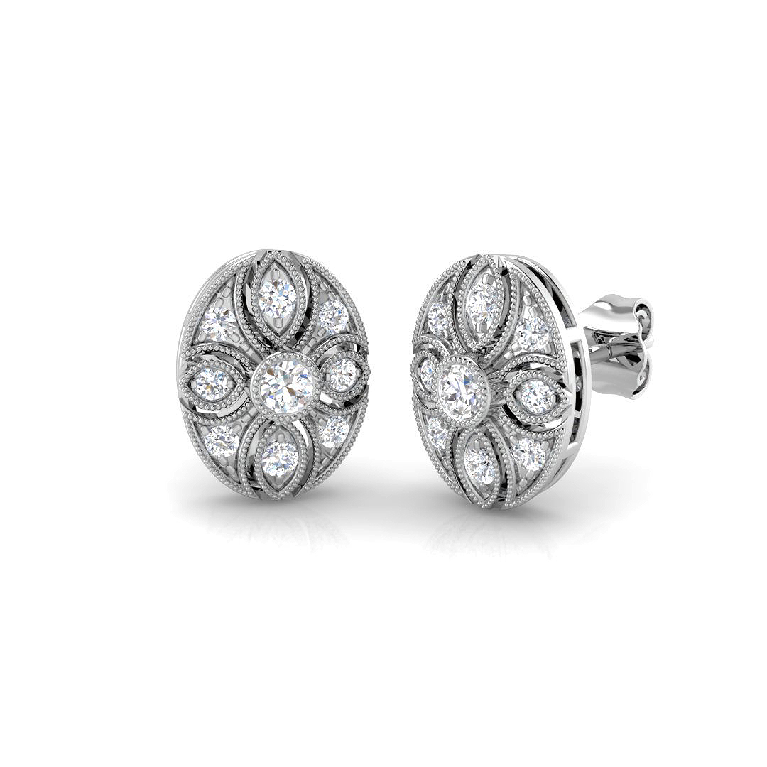 Lab & Natural Diamond Vintage Round Cut Stud Earrings in 10K/14K gold and platinum with certified lab-grown or natural diamonds