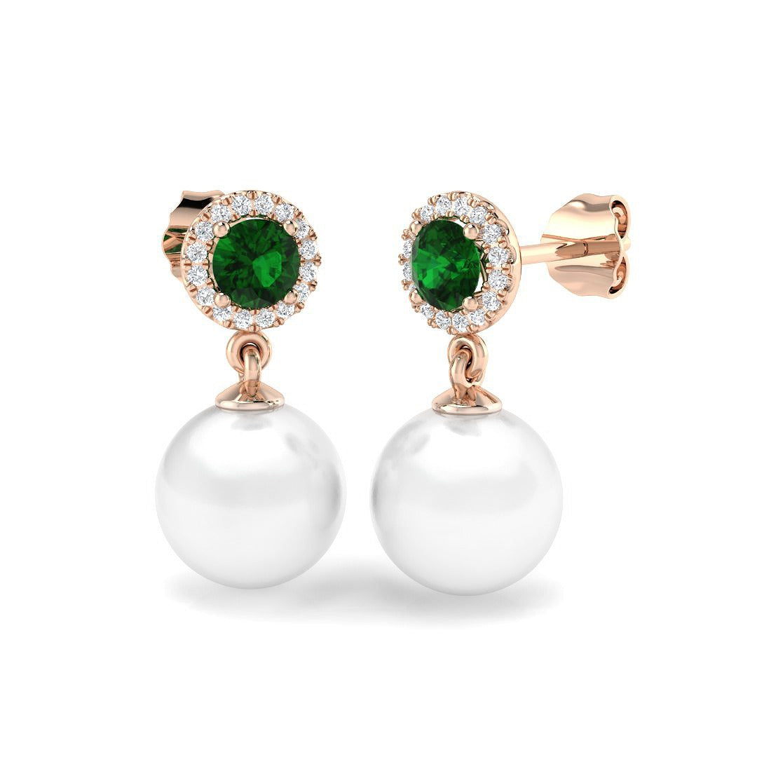 Emerald Pearl Drop Earrings in 10K/14K gold and platinum with certified lab-grown or natural diamonds