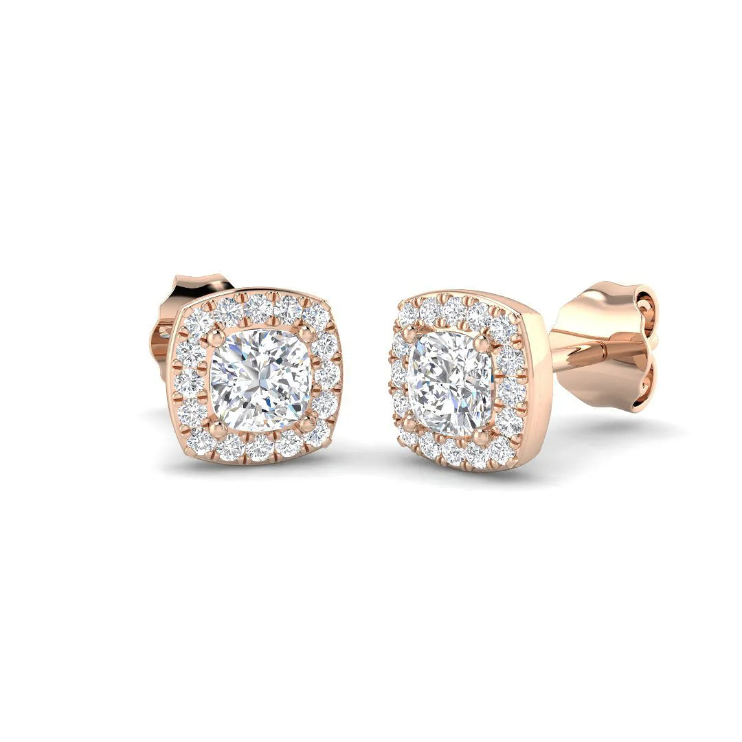 Stud Earrings with Cushion Cut Diamond and Halo - 0.50ct in 10K/14K gold and platinum with certified lab-grown or natural diamonds