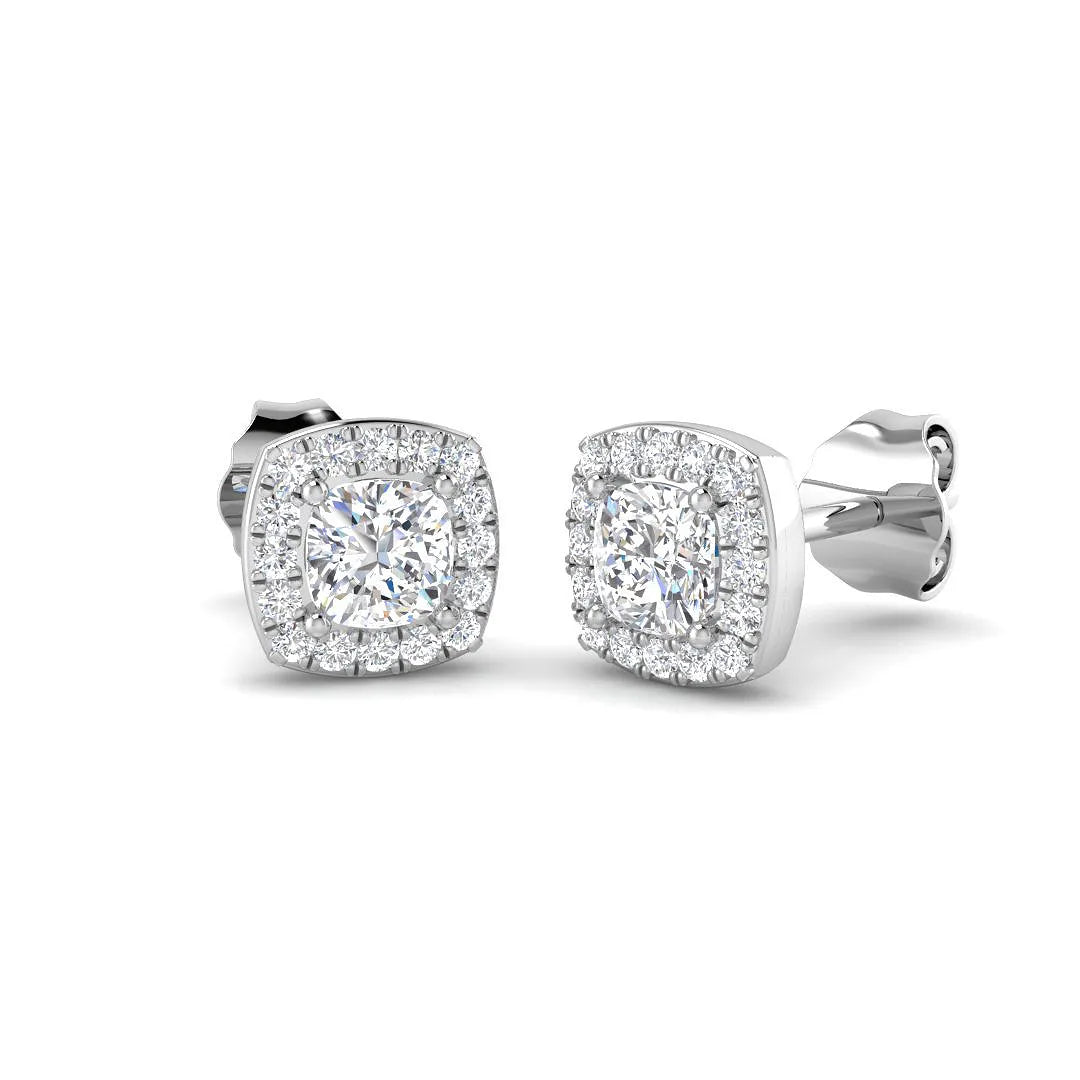 Stud Earrings with Cushion Cut Diamond and Halo - 0.50ct in 10K/14K gold and platinum with certified lab-grown or natural diamonds