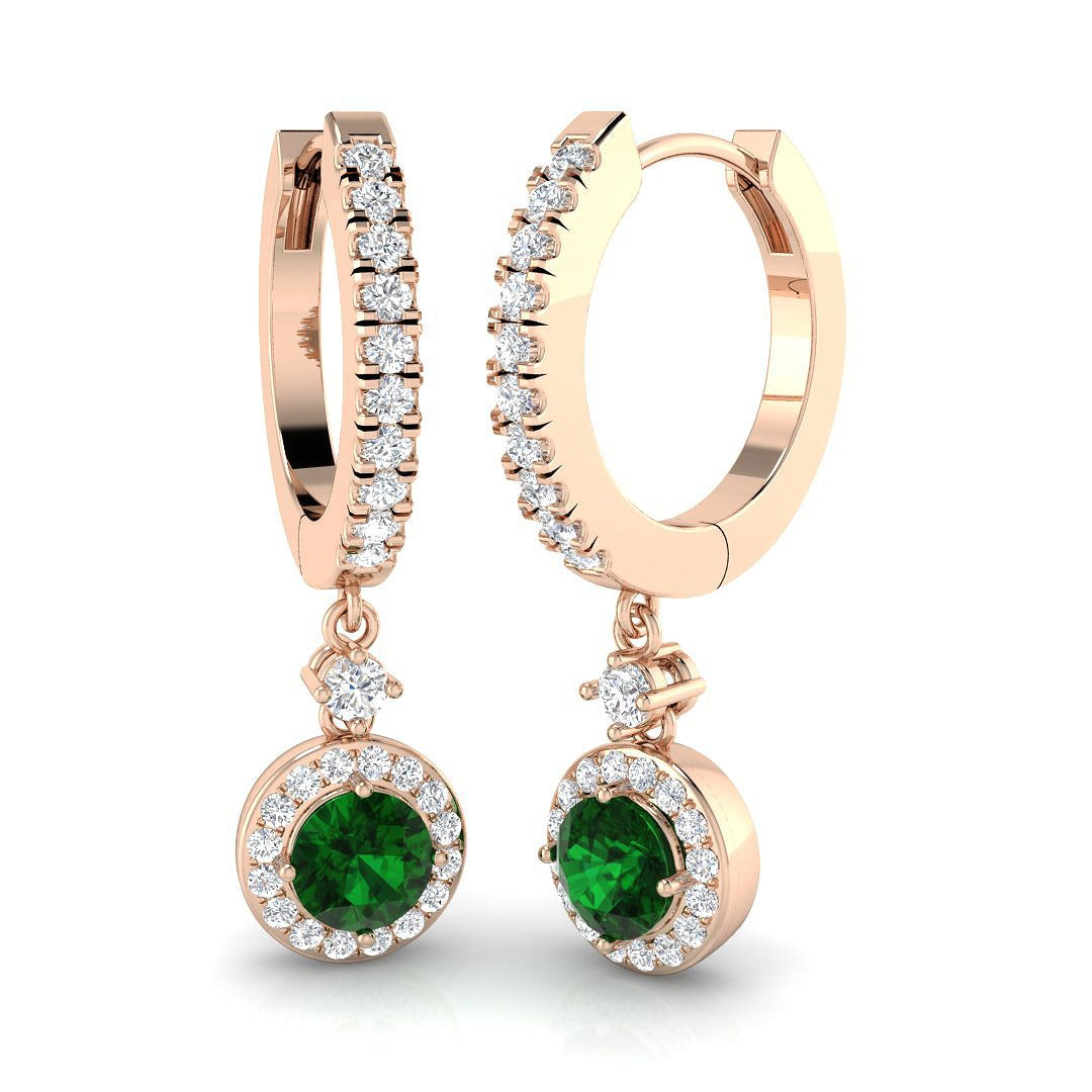 Green Emerald Halo Hoop Earrings with Pave Diamonds in 10K/14K gold and platinum with certified lab-grown or natural diamonds