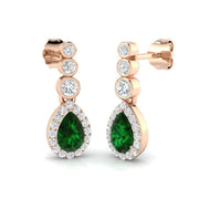 Green Emerald Teardrop Earrings With Round Bezel Set in 10K/14K gold and platinum with certified lab-grown or natural diamonds