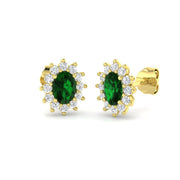 Halo Stud Earrings Oval Green Emerald Diamond Cluster in 10K/14K gold and platinum with certified lab-grown or natural diamonds