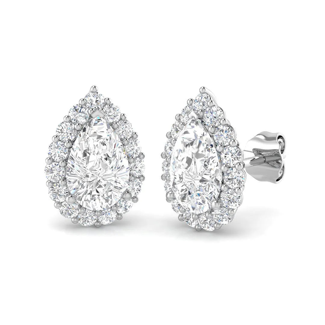 2.50 Carat Pear Cut Diamond Halo Earring In Hallmarked in 10K/14K gold and platinum with certified lab-grown or natural diamonds