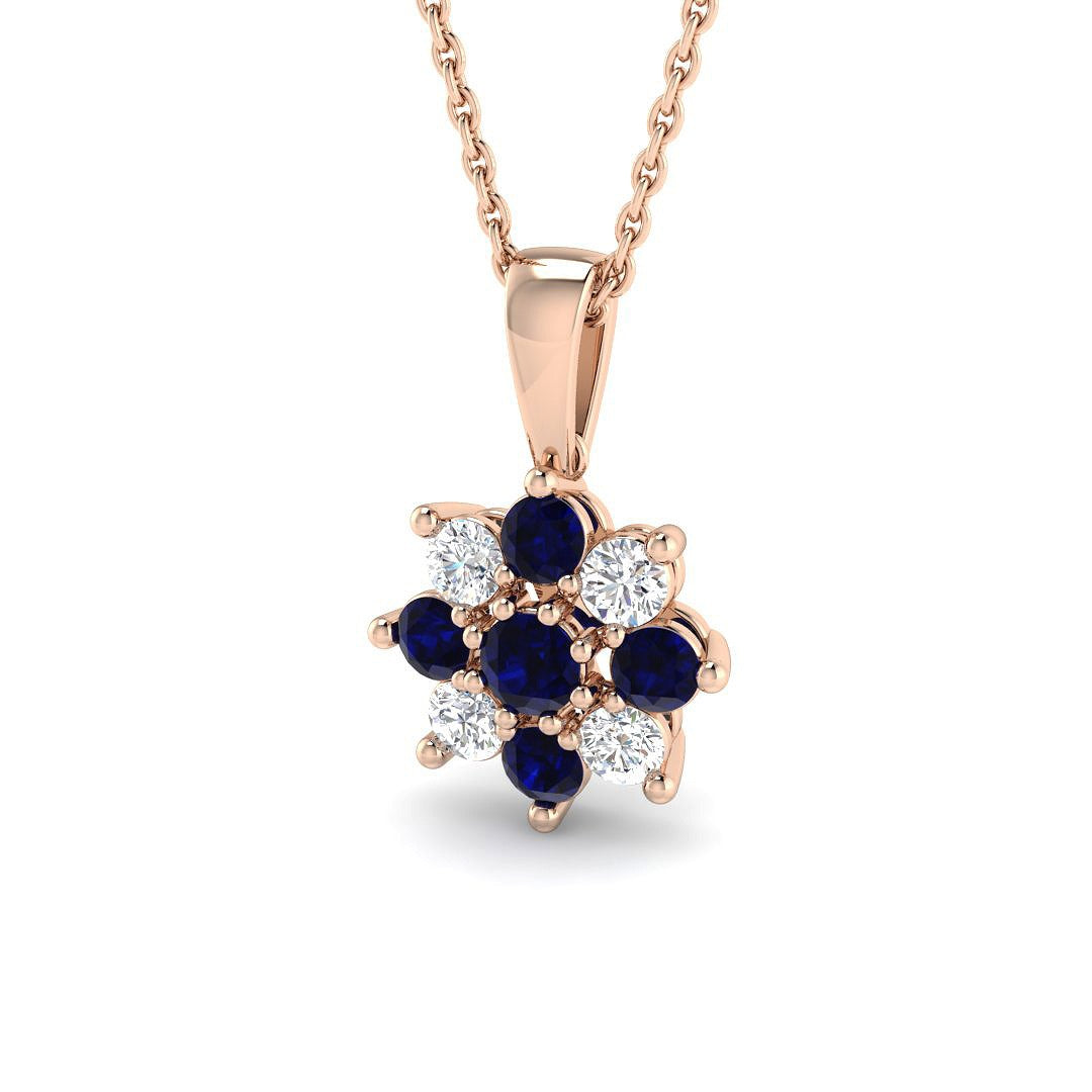 Blue Sapphire Pendant Necklace with Diamond Cluster Design - UK Made in 10K/14K gold and platinum with certified lab-grown or natural diamonds