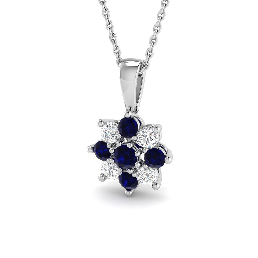 Blue Sapphire Pendant Necklace with Diamond Cluster Design - UK Made in 10K/14K gold and platinum with certified lab-grown or natural diamonds