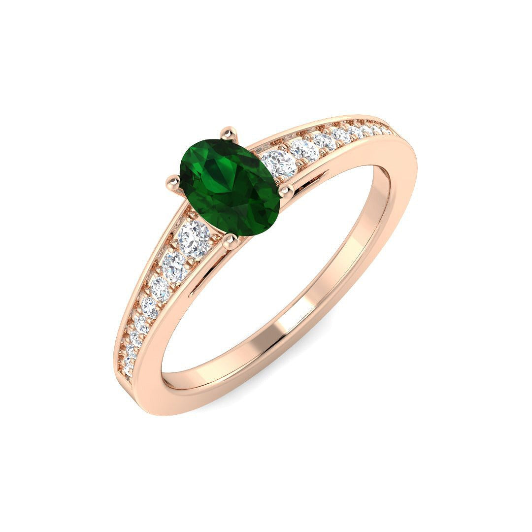 Oval Cut Emerald Solitaire Ring with Diamond Pave Band in 10K/14K gold and platinum with certified lab-grown or natural diamonds