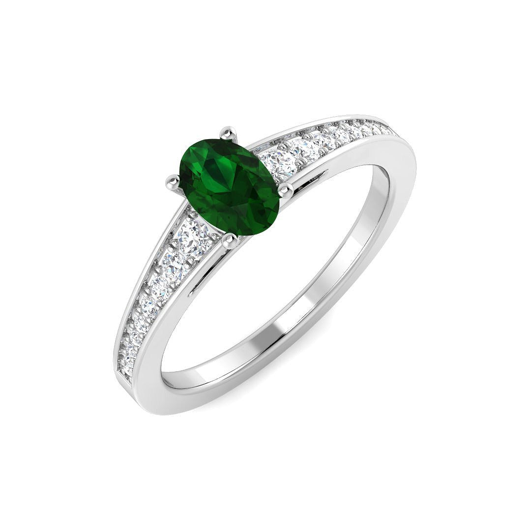 Oval Cut Emerald Solitaire Ring with Diamond Pave Band in 10K/14K gold and platinum with certified lab-grown or natural diamonds