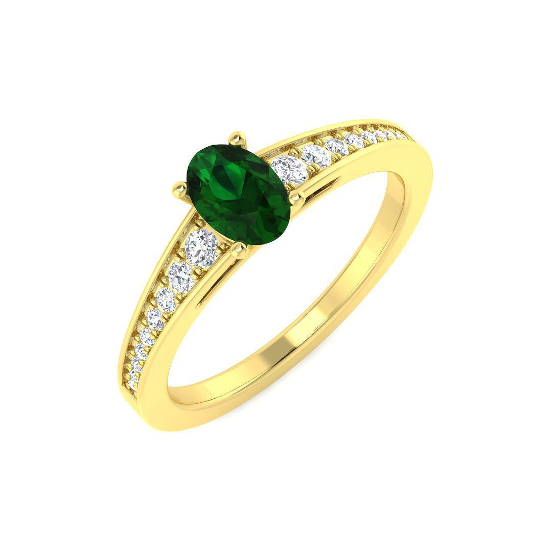 Oval Cut Emerald Solitaire Ring with Diamond Pave Band in 10K/14K gold and platinum with certified lab-grown or natural diamonds