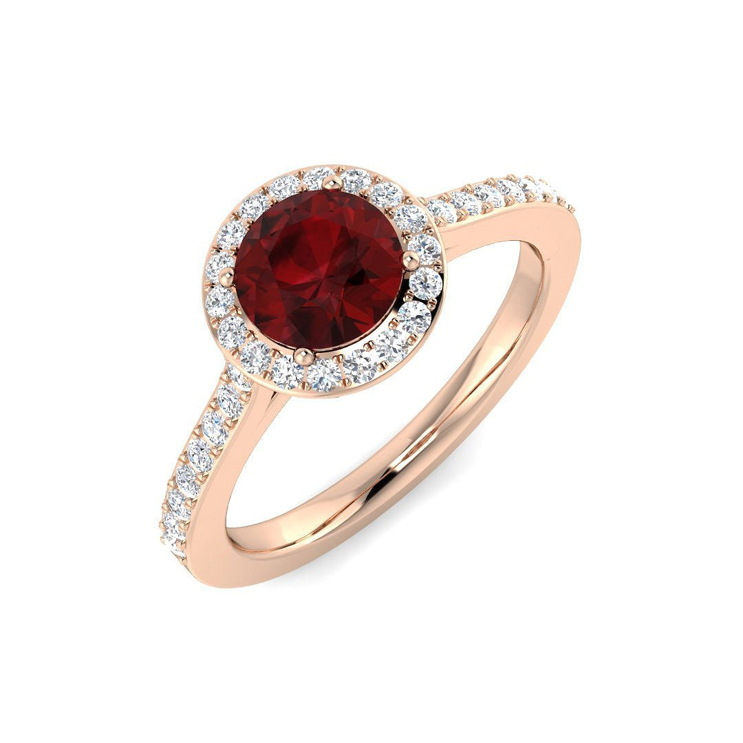 Solitaire Garnet Halo Ring with Diamond Pave Band in 10K/14K gold and platinum with certified lab-grown or natural diamonds