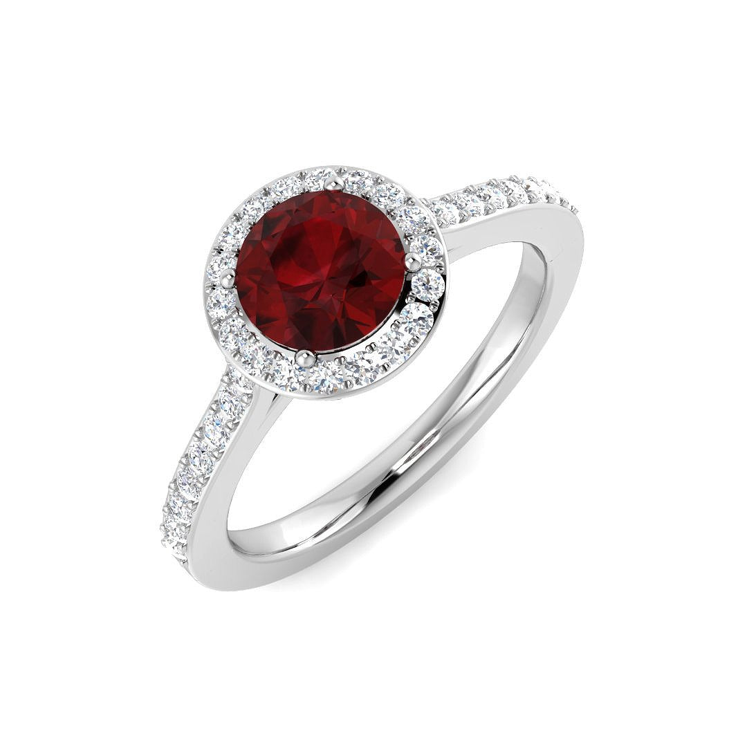 Solitaire Garnet Halo Ring with Diamond Pave Band in 10K/14K gold and platinum with certified lab-grown or natural diamonds