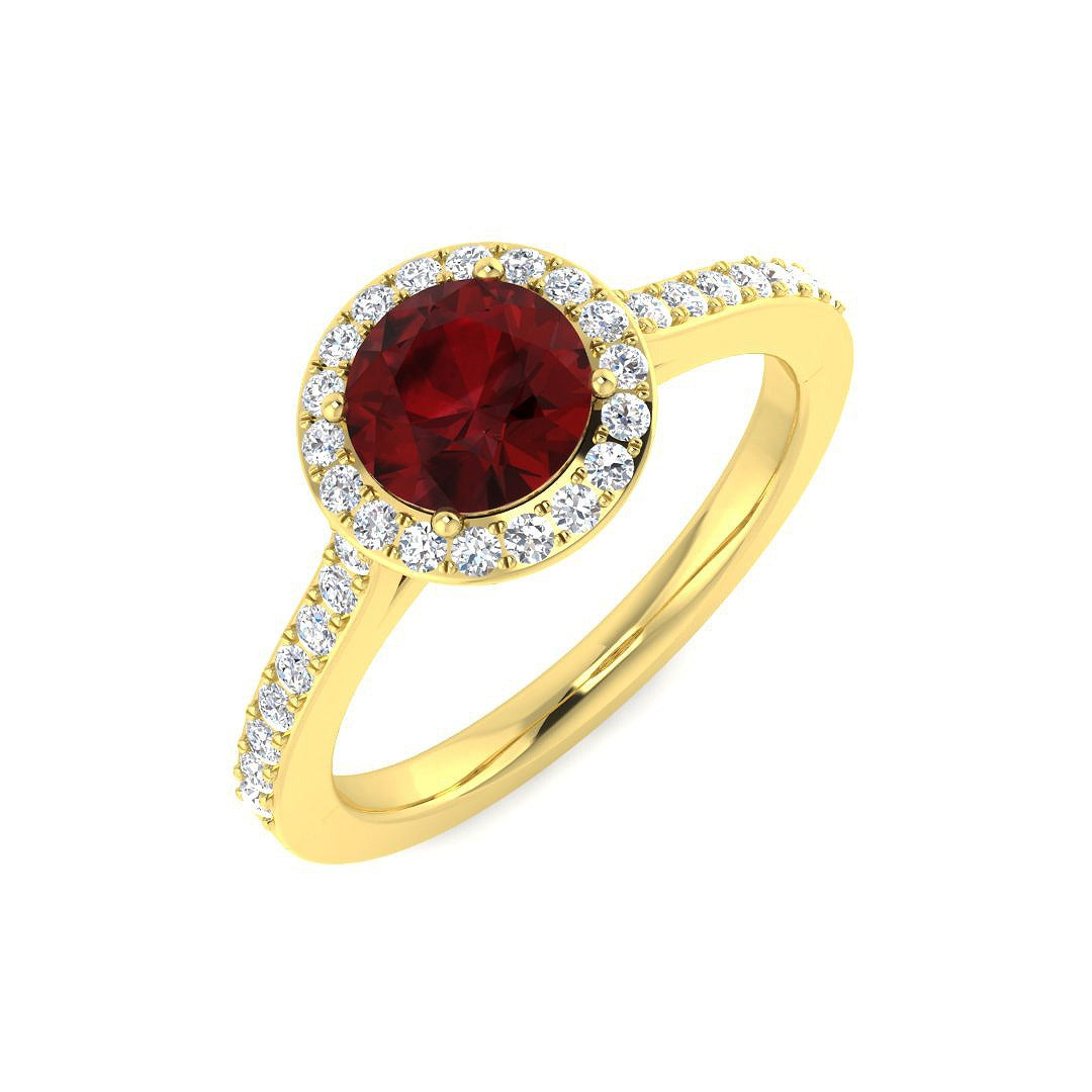 Solitaire Garnet Halo Ring with Diamond Pave Band in 10K/14K gold and platinum with certified lab-grown or natural diamonds