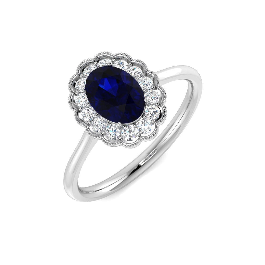 Vintage Oval Blue Sapphire Scalloped Halo Diamond Engagement Ring in 10K/14K gold and platinum with certified lab-grown or natural diamonds