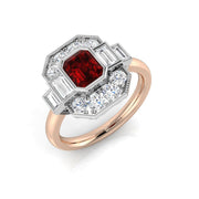 Emerald Cut Ruby Ring with Diamond Side Stones - Vintage Milgrain Ring in 10K/14K gold and platinum with certified lab-grown or natural diamonds