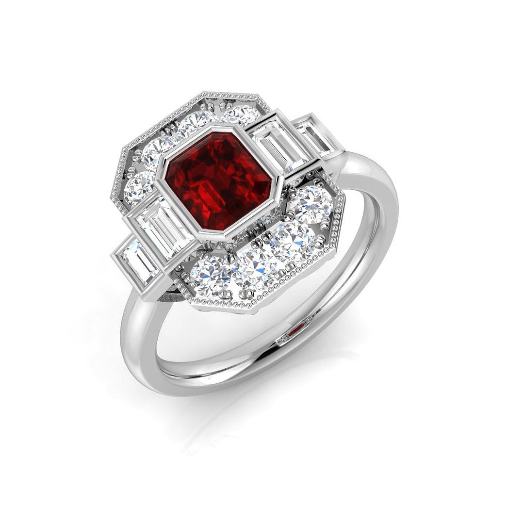 Emerald Cut Ruby Ring with Diamond Side Stones - Vintage Milgrain Ring in 10K/14K gold and platinum with certified lab-grown or natural diamonds