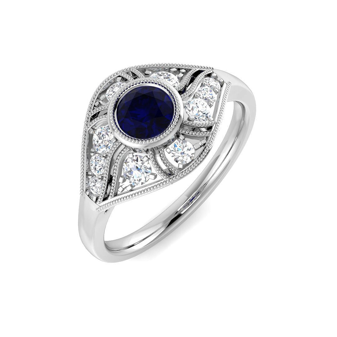 Vintage Blue Sapphire Halo Ring in Milgrain Round Pave Set in 10K/14K gold and platinum with certified lab-grown or natural diamonds
