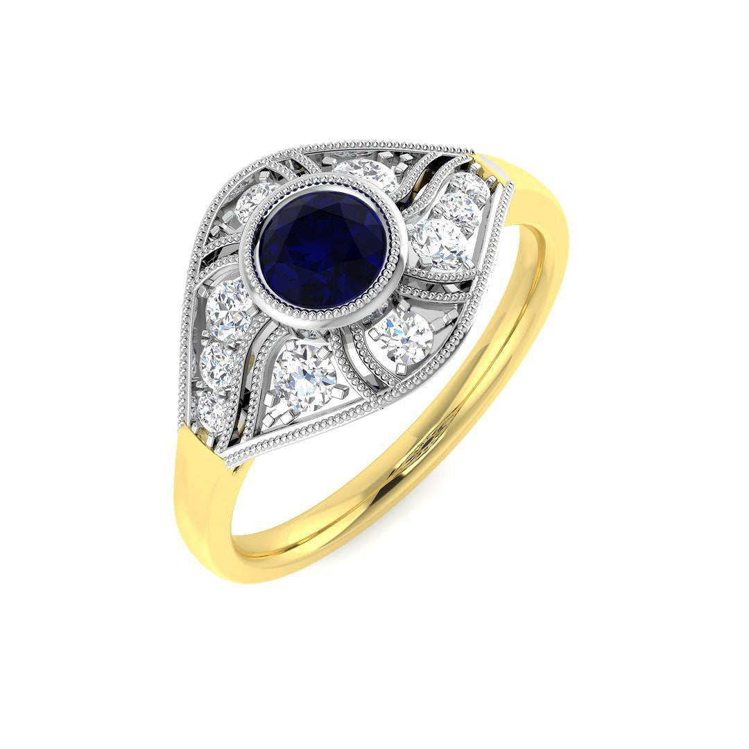 Vintage Blue Sapphire Halo Ring in Milgrain Round Pave Set in 10K/14K gold and platinum with certified lab-grown or natural diamonds