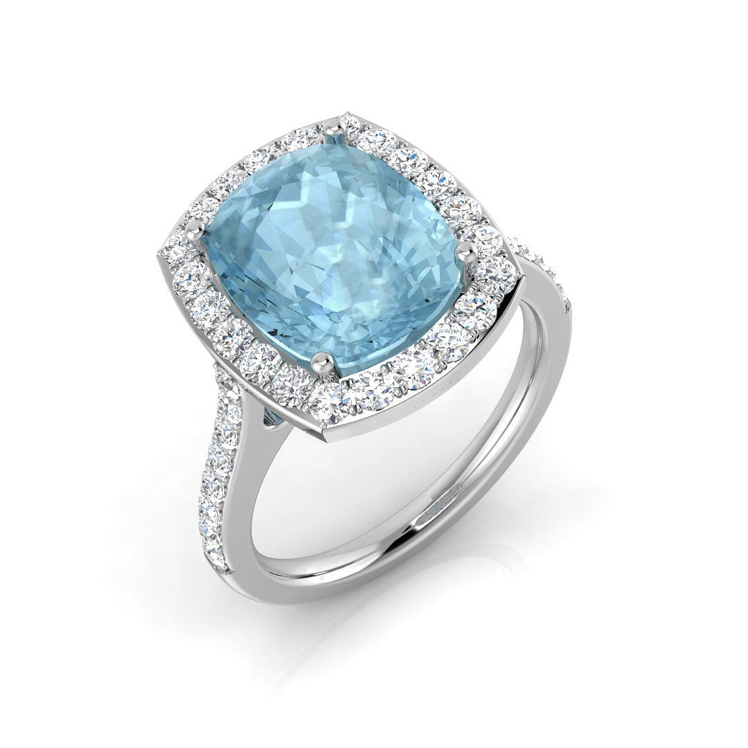 Cushion Cut Aquamarine Halo Ring with Diamond Pave Band - Natural in 10K/14K gold and platinum with certified lab-grown or natural diamonds