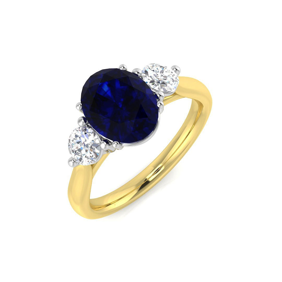 Two-Tone Natural Diamond Three-Stone Ring with Oval Colour Gemstone in 10K/14K gold and platinum with certified lab-grown or natural diamonds