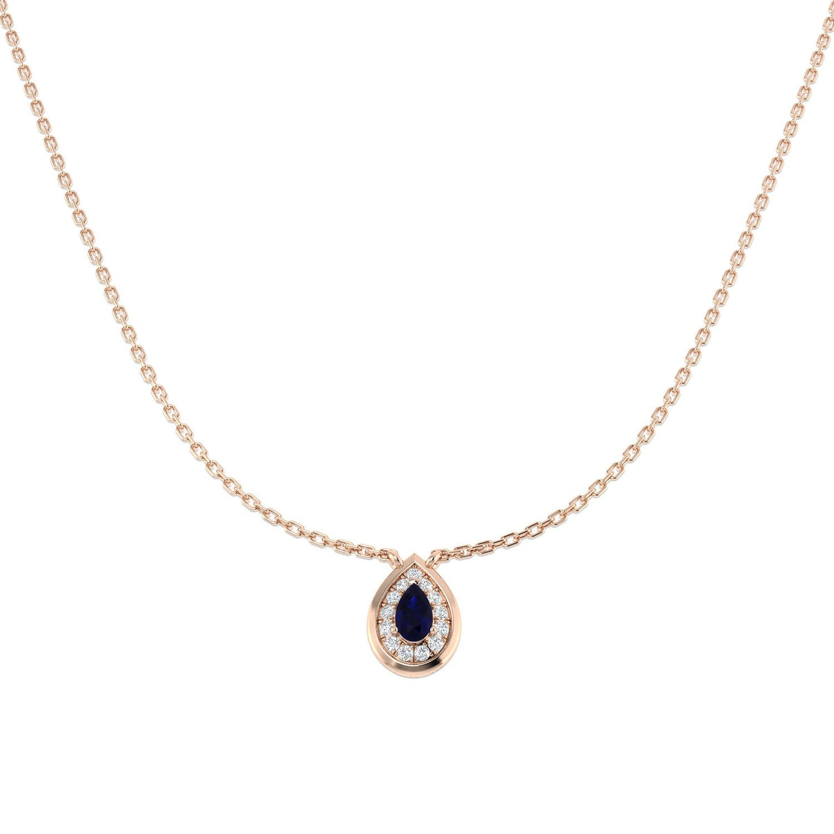 Teardrop Blue Sapphire Pendant Necklace with Diamond Halo in 10K/14K gold and platinum with certified lab-grown or natural diamonds