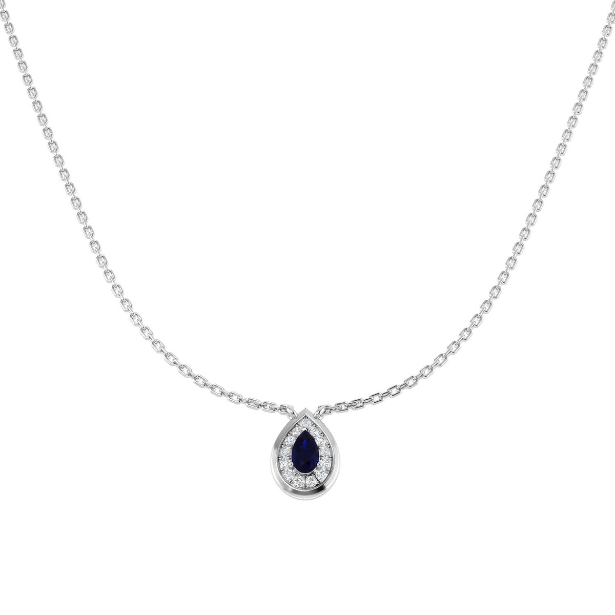 Teardrop Blue Sapphire Pendant Necklace with Diamond Halo in 10K/14K gold and platinum with certified lab-grown or natural diamonds