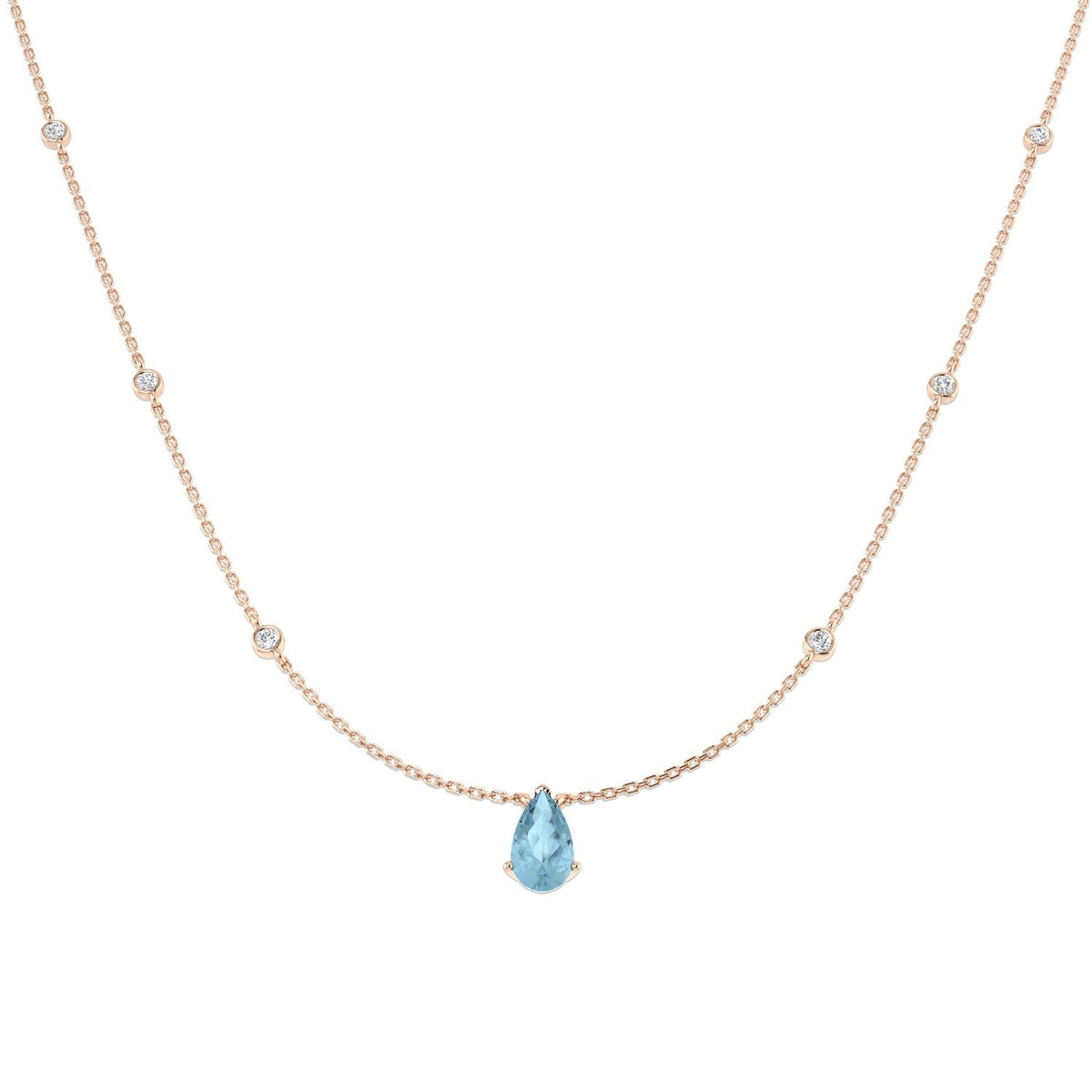 Pear Cut Aquamarine Station Necklace with Diamond Accents - UK Made in 10K/14K gold and platinum with certified lab-grown or natural diamonds