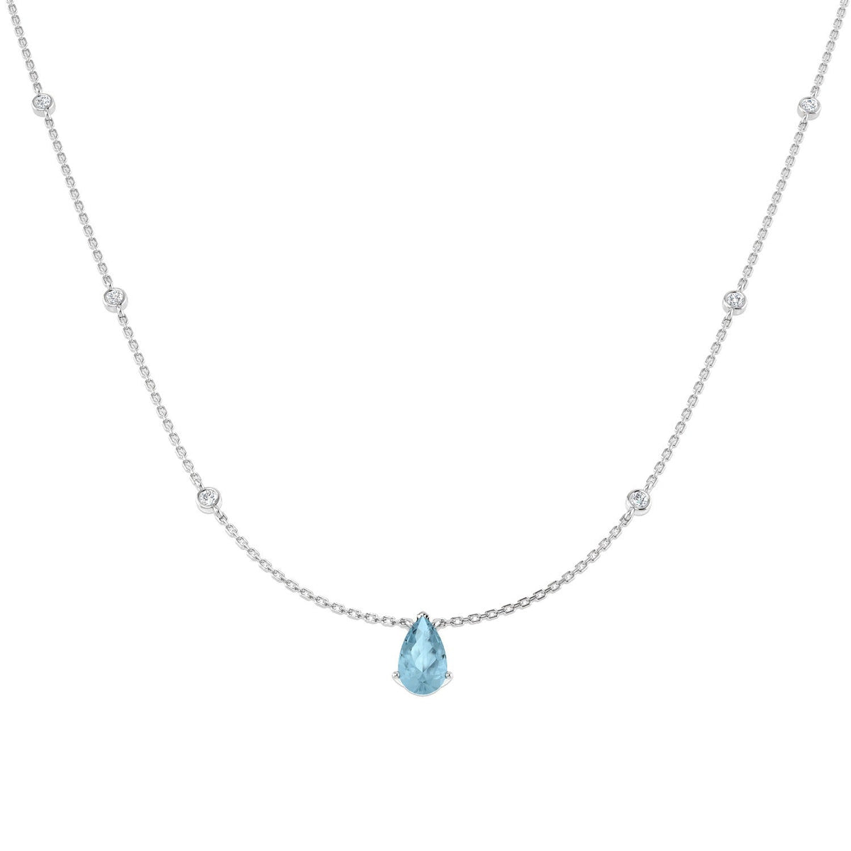 Pear Cut Aquamarine Station Necklace with Diamond Accents - UK Made in 10K/14K gold and platinum with certified lab-grown or natural diamonds