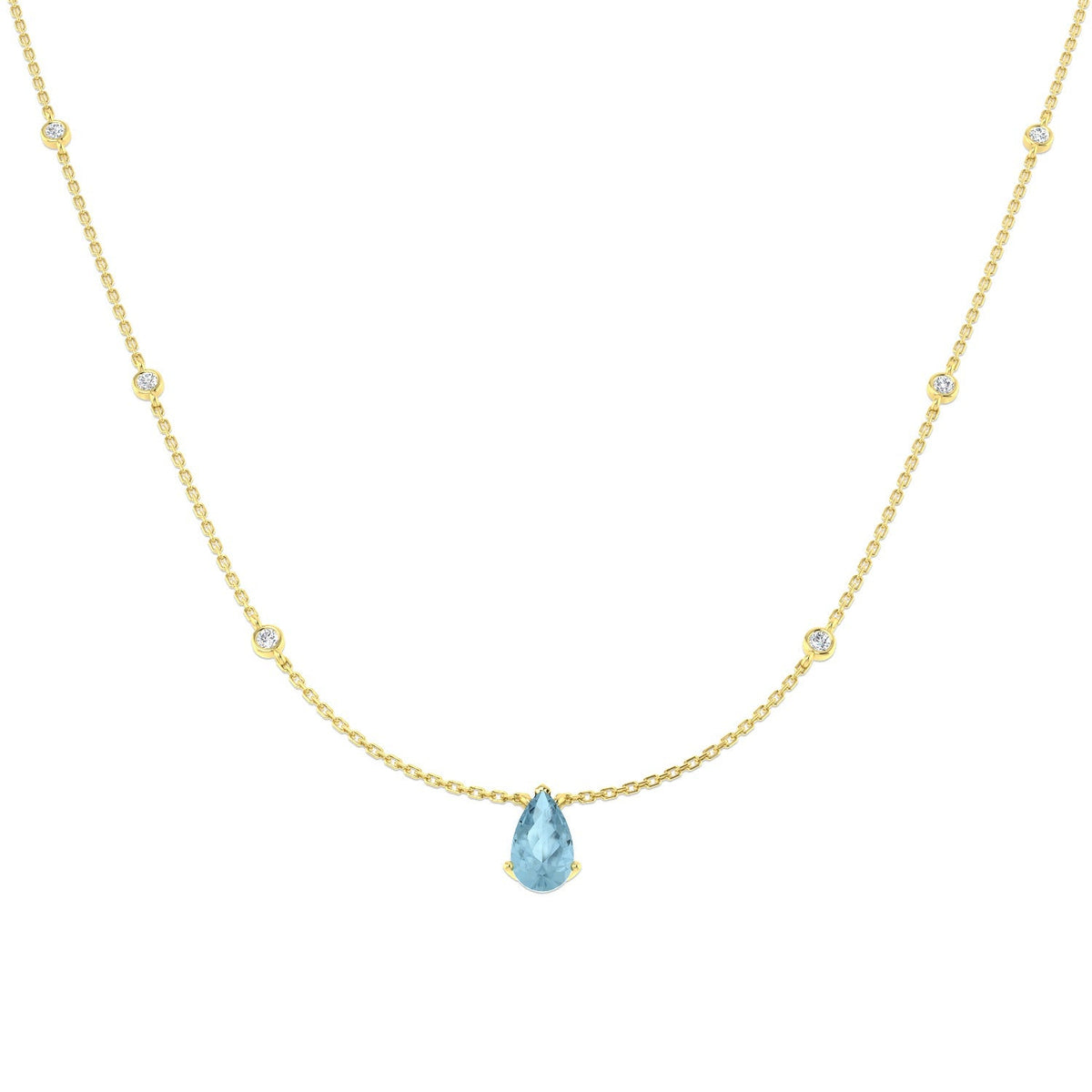 Pear Cut Aquamarine Station Necklace with Diamond Accents - UK Made in 10K/14K gold and platinum with certified lab-grown or natural diamonds