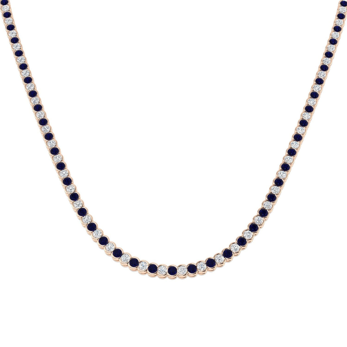 Blue Sapphire Tennis Necklace with Diamond Bezel Set Design in 10K/14K gold and platinum with certified lab-grown or natural diamonds
