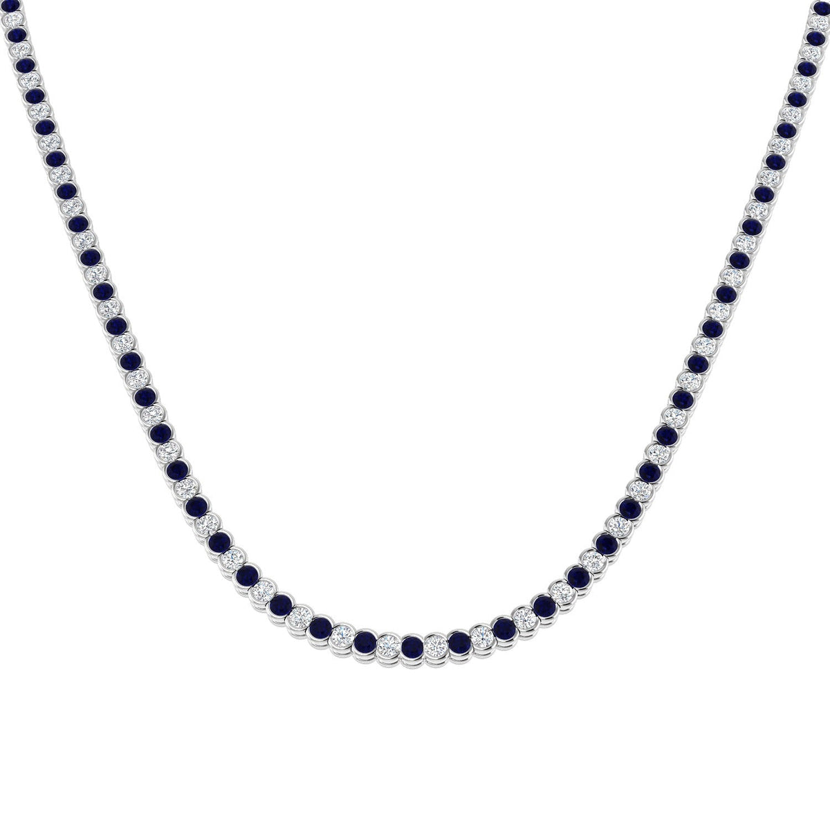 Blue Sapphire Tennis Necklace with Diamond Bezel Set Design in 10K/14K gold and platinum with certified lab-grown or natural diamonds