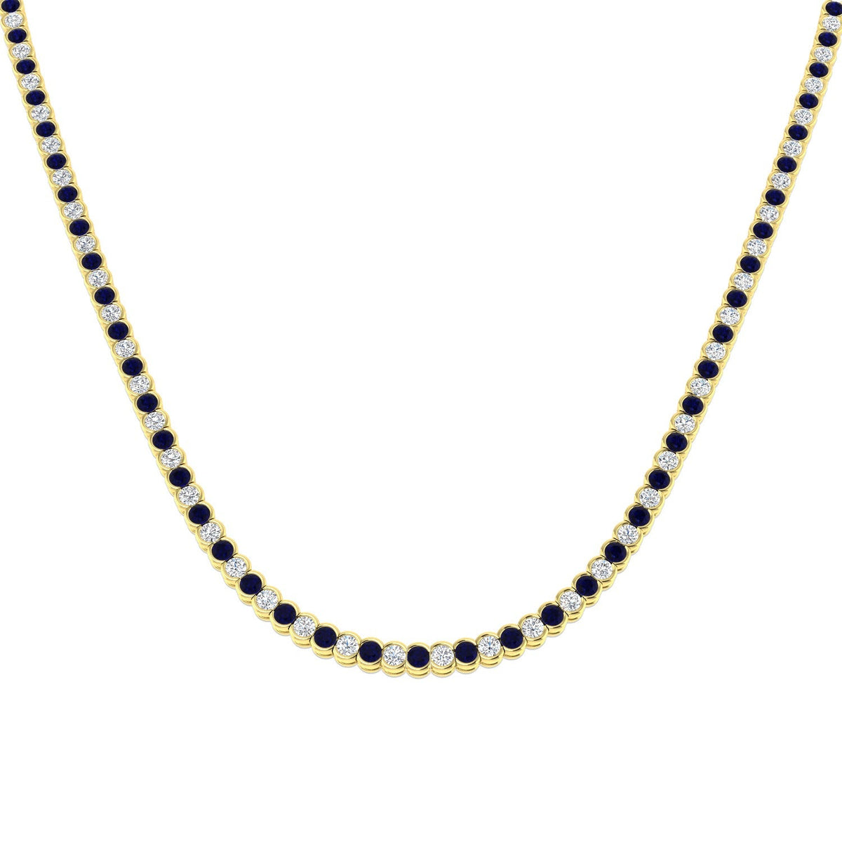 Blue Sapphire Tennis Necklace with Diamond Bezel Set Design in 10K/14K gold and platinum with certified lab-grown or natural diamonds