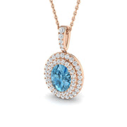 Oval Blue Topaz Double Halo Diamond Pendant Necklace in 10K/14K gold and platinum with certified lab-grown or natural diamonds