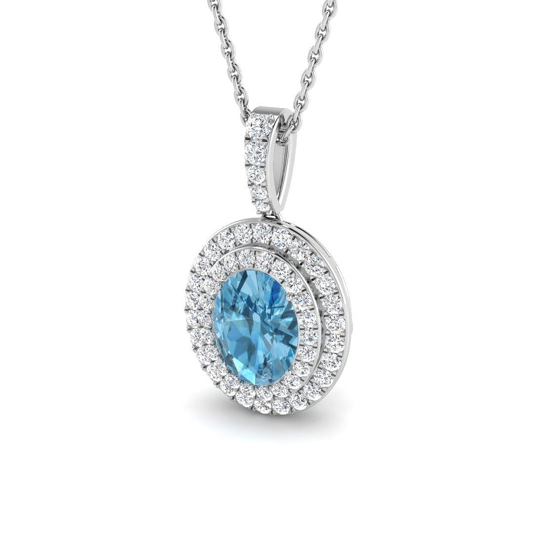 Oval Blue Topaz Double Halo Diamond Pendant Necklace in 10K/14K gold and platinum with certified lab-grown or natural diamonds