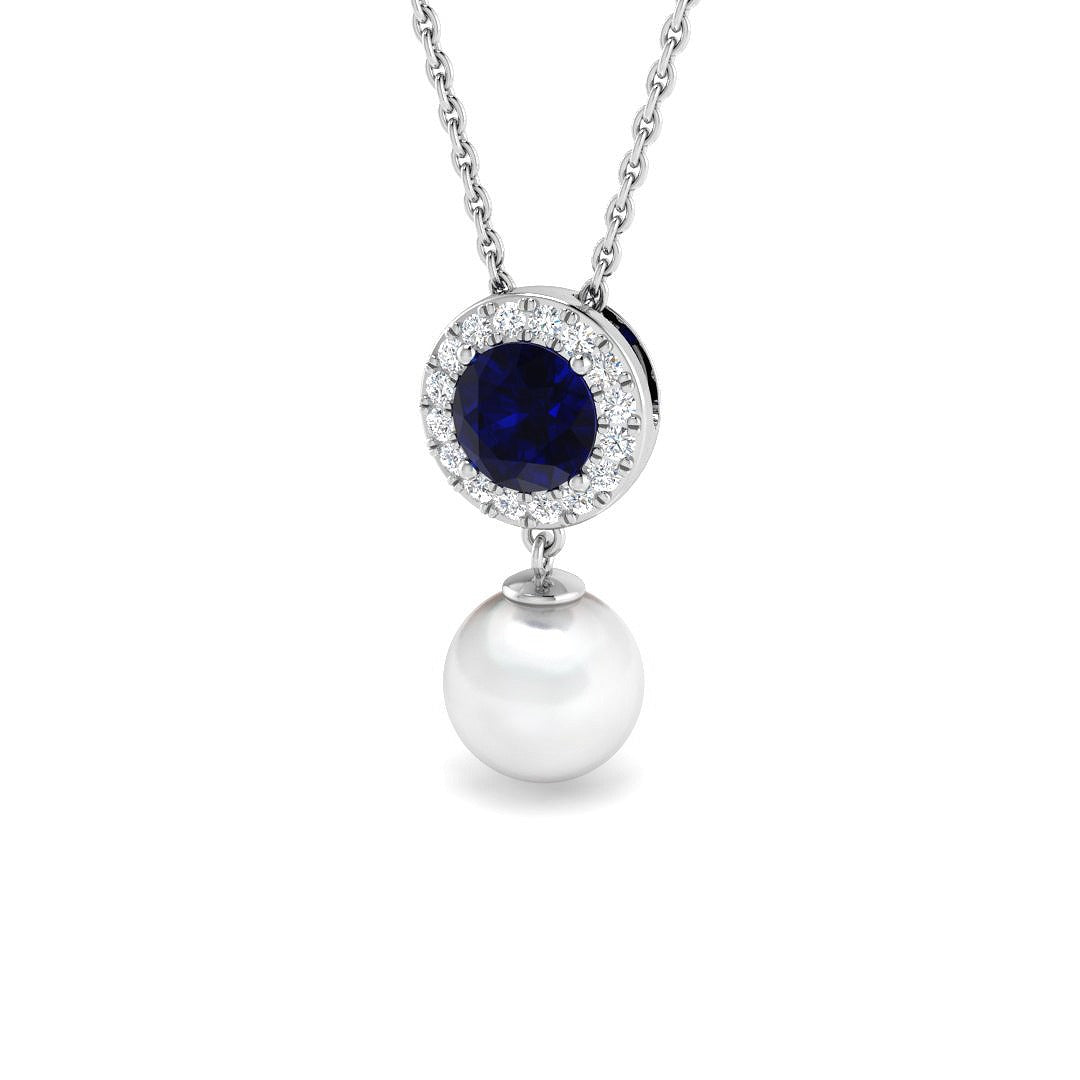 Blue Sapphire & Pearl Pendant 4ct Gold Necklace (Lab & Natural Diamonds) in 10K/14K gold and platinum with certified lab-grown or natural diamonds