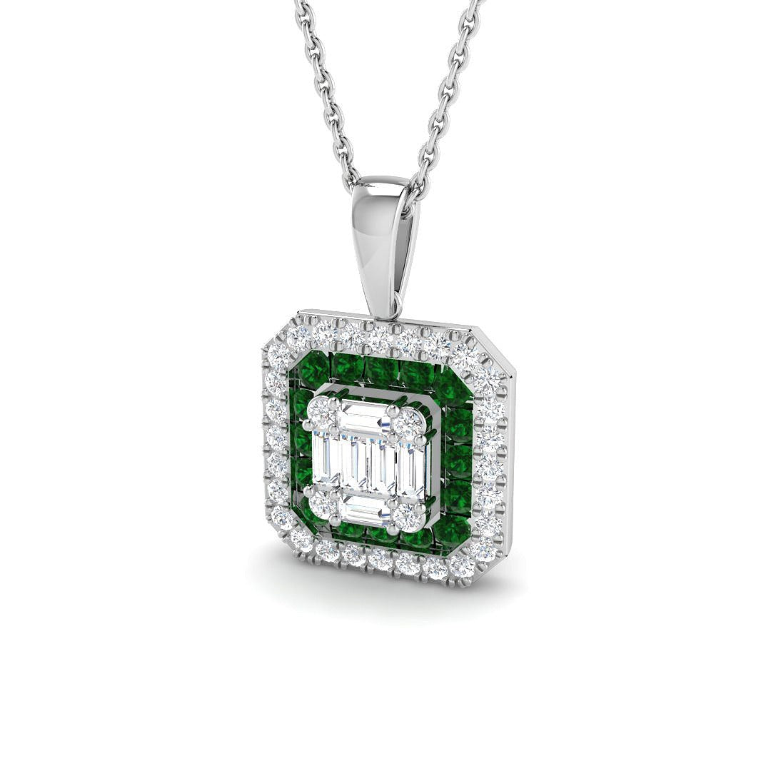 Emerald Pendant Necklace with Diamond Halo Cluster Design (Without Chain) in 10K/14K gold and platinum with certified lab-grown or natural diamonds