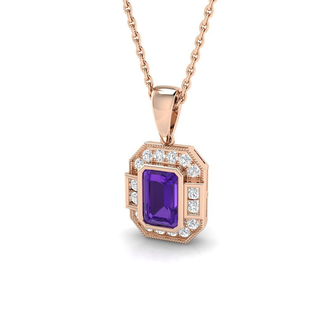 Vintage Amethyst & Diamond Halo Pendant in in 10K/14K gold and platinum with certified lab-grown or natural diamonds