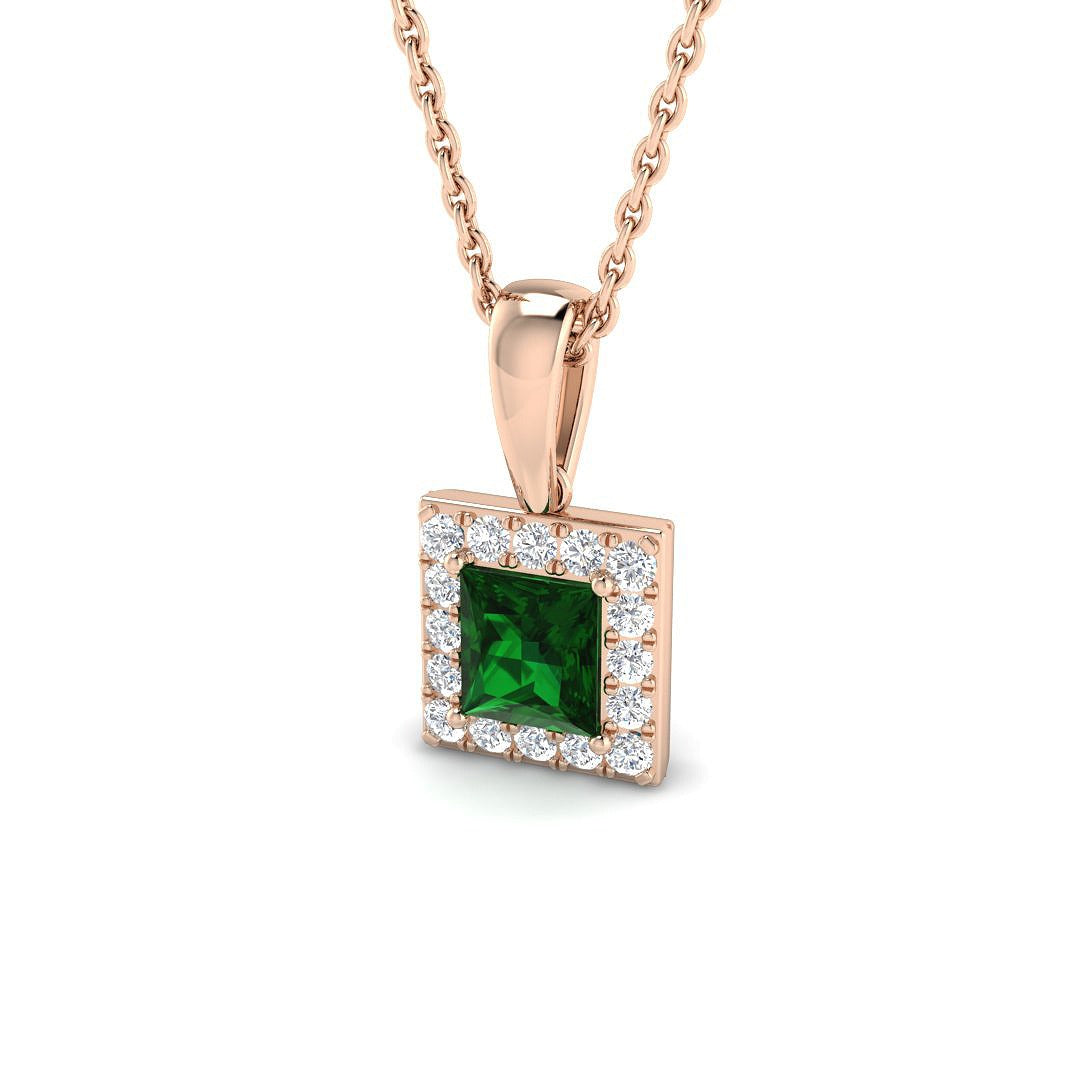 Princess Cut Emerald Diamond Halo Pendant in Gold Without Chain in 10K/14K gold and platinum with certified lab-grown or natural diamonds