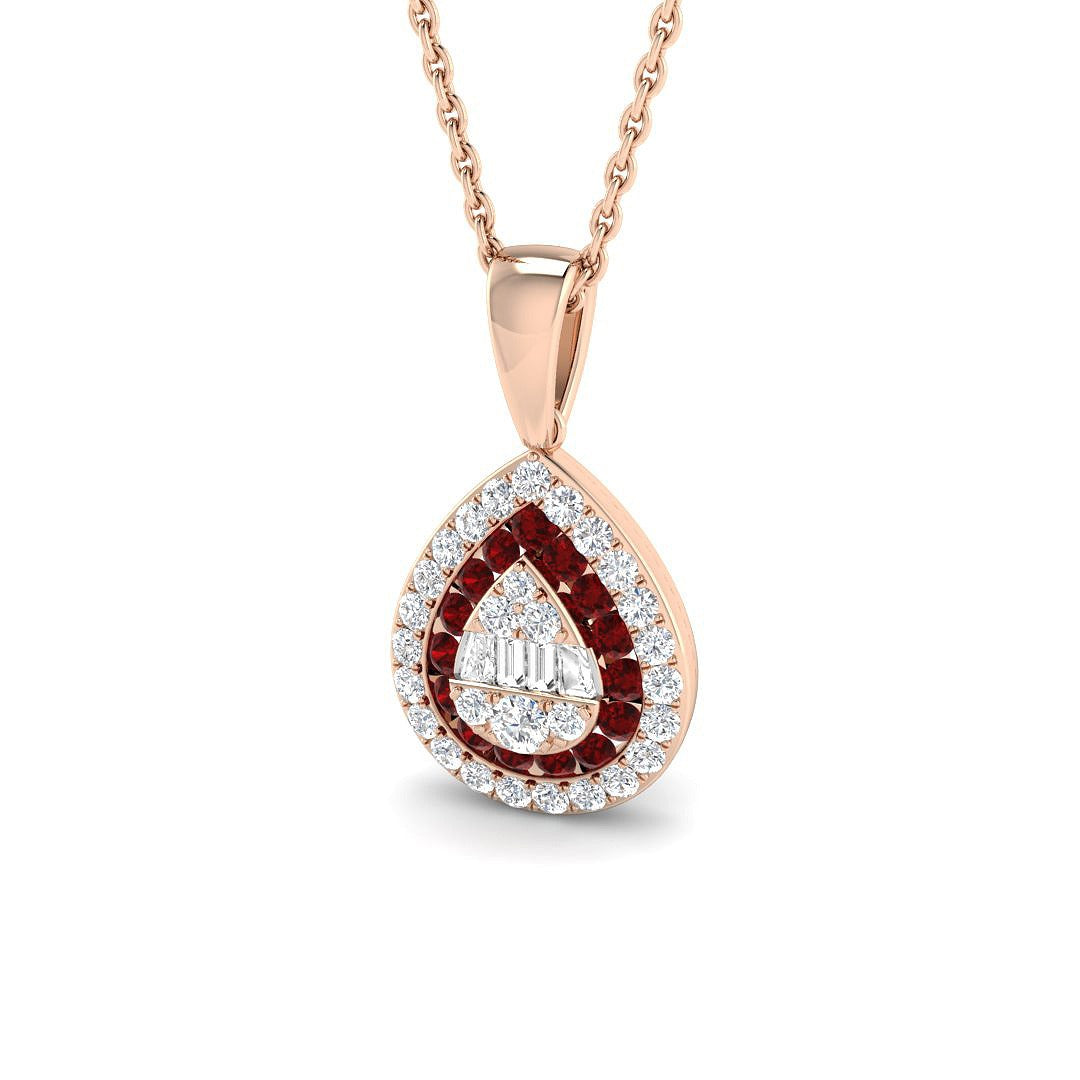 Ruby Diamond Teardrop Cluster Pendant Necklace in - UK Made in 10K/14K gold and platinum with certified lab-grown or natural diamonds