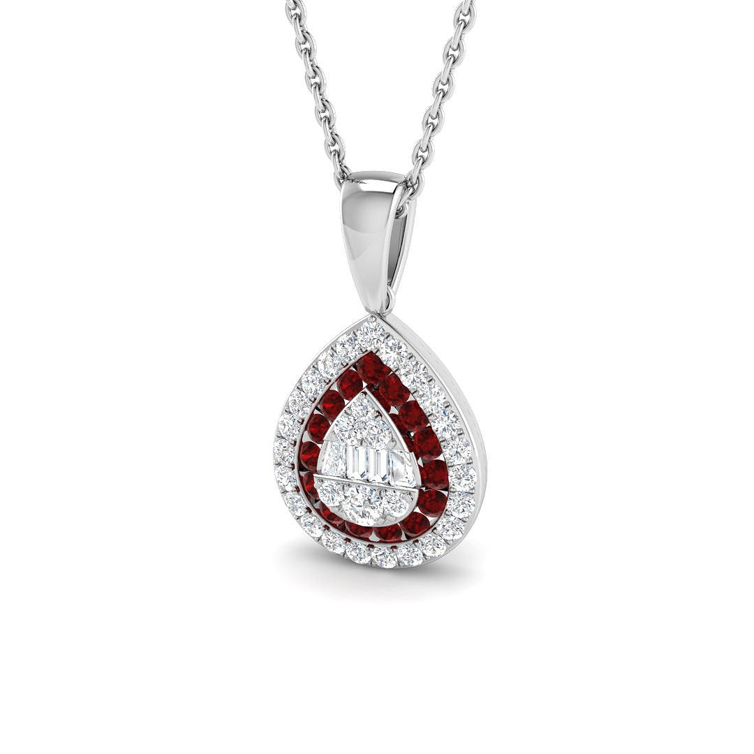 Ruby Diamond Teardrop Cluster Pendant Necklace in - UK Made in 10K/14K gold and platinum with certified lab-grown or natural diamonds