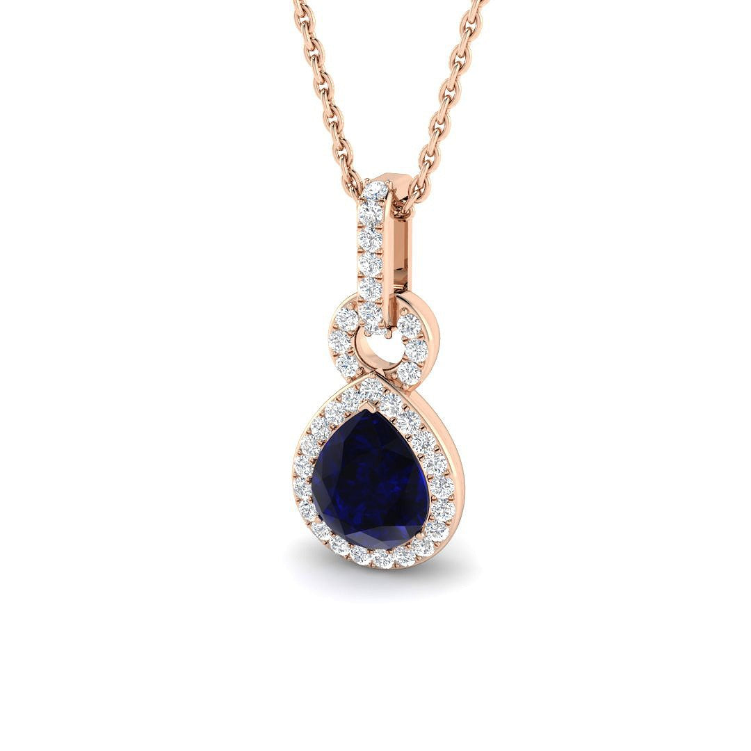 Blue Sapphire Pendant Necklace with Pear Halo in 10K/14K gold and platinum with certified lab-grown or natural diamonds